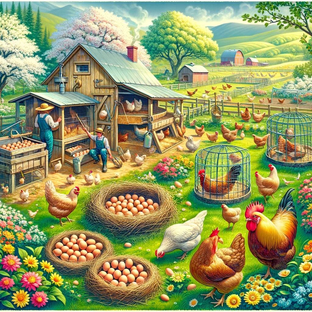 A picturesque farm scene depicting the ideal time for starting egg production. The illustration should show a vibrant spring setting with a well-organ